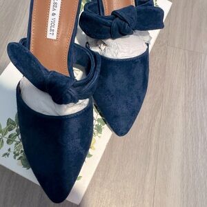 Chelsea & Violet Suede Leather Molly Mules Blue Block Heel Pointed Toe